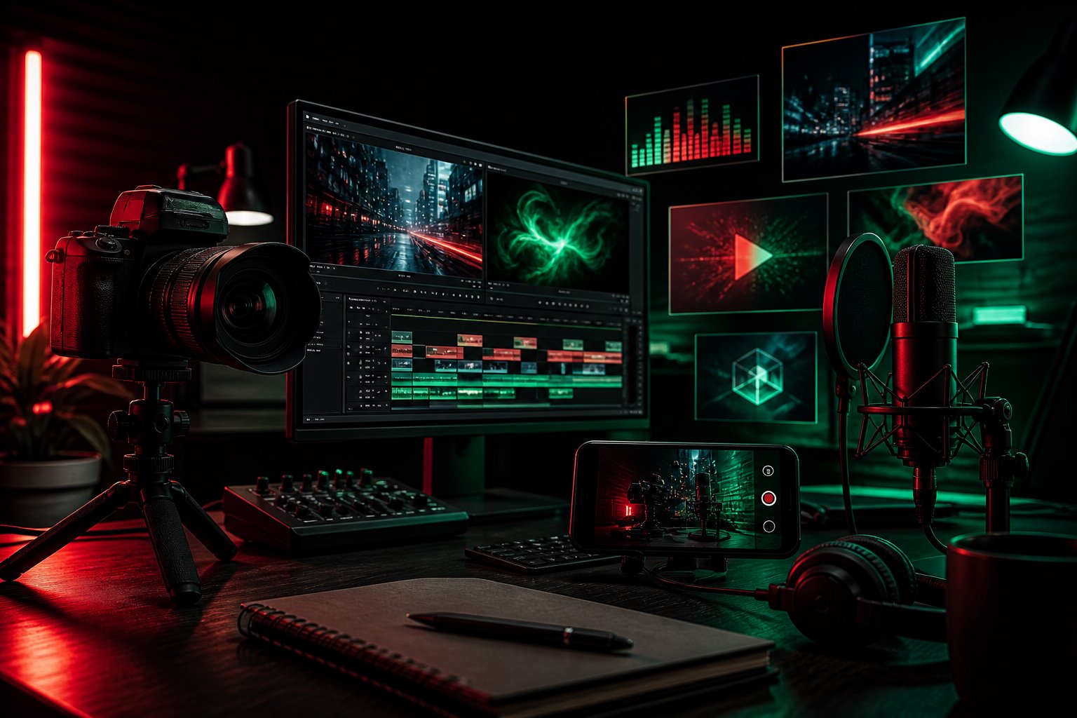 Digital content production studio with camera and microphone