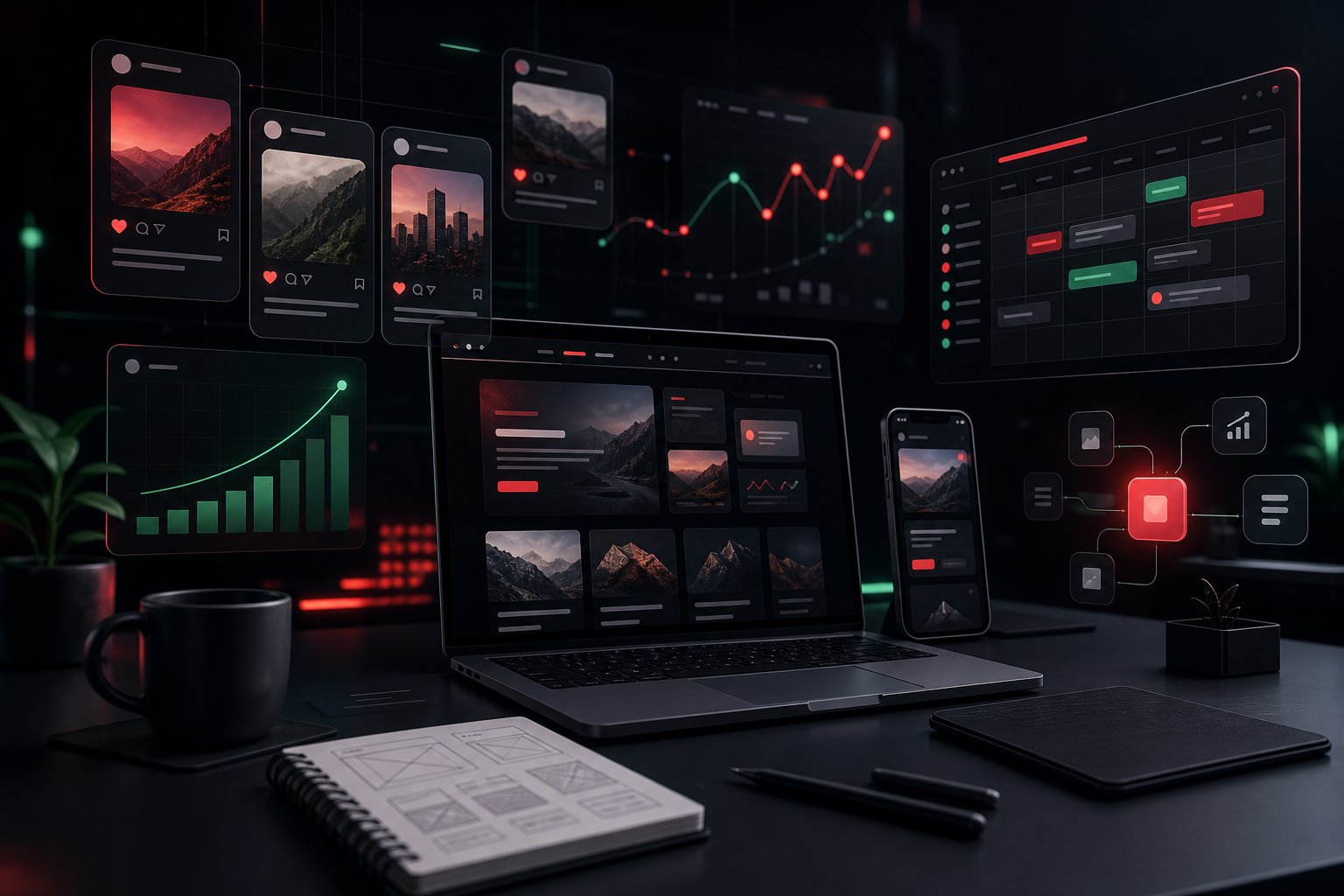 Social media and website growth workspace with digital cards